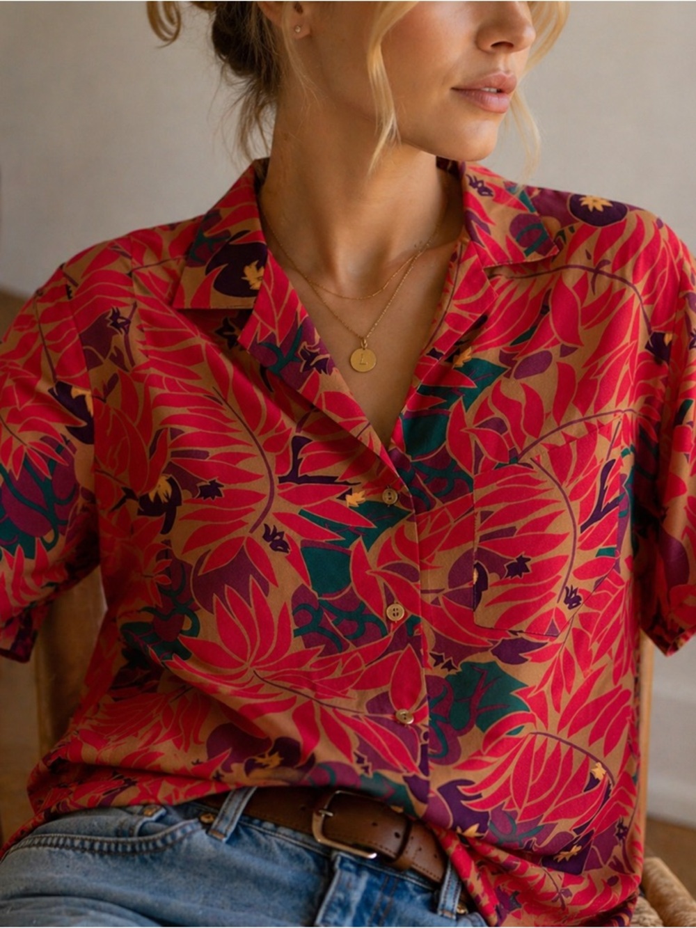 VINTAGE Neiman Marcus x Fenn Wright & Manson Silk Tropical Short Sleeve Blouse